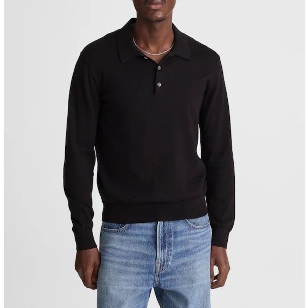Madewell Long‎ Sleeve Sweater Mens Polo Large Jet Black Cotton Knit Minimalist